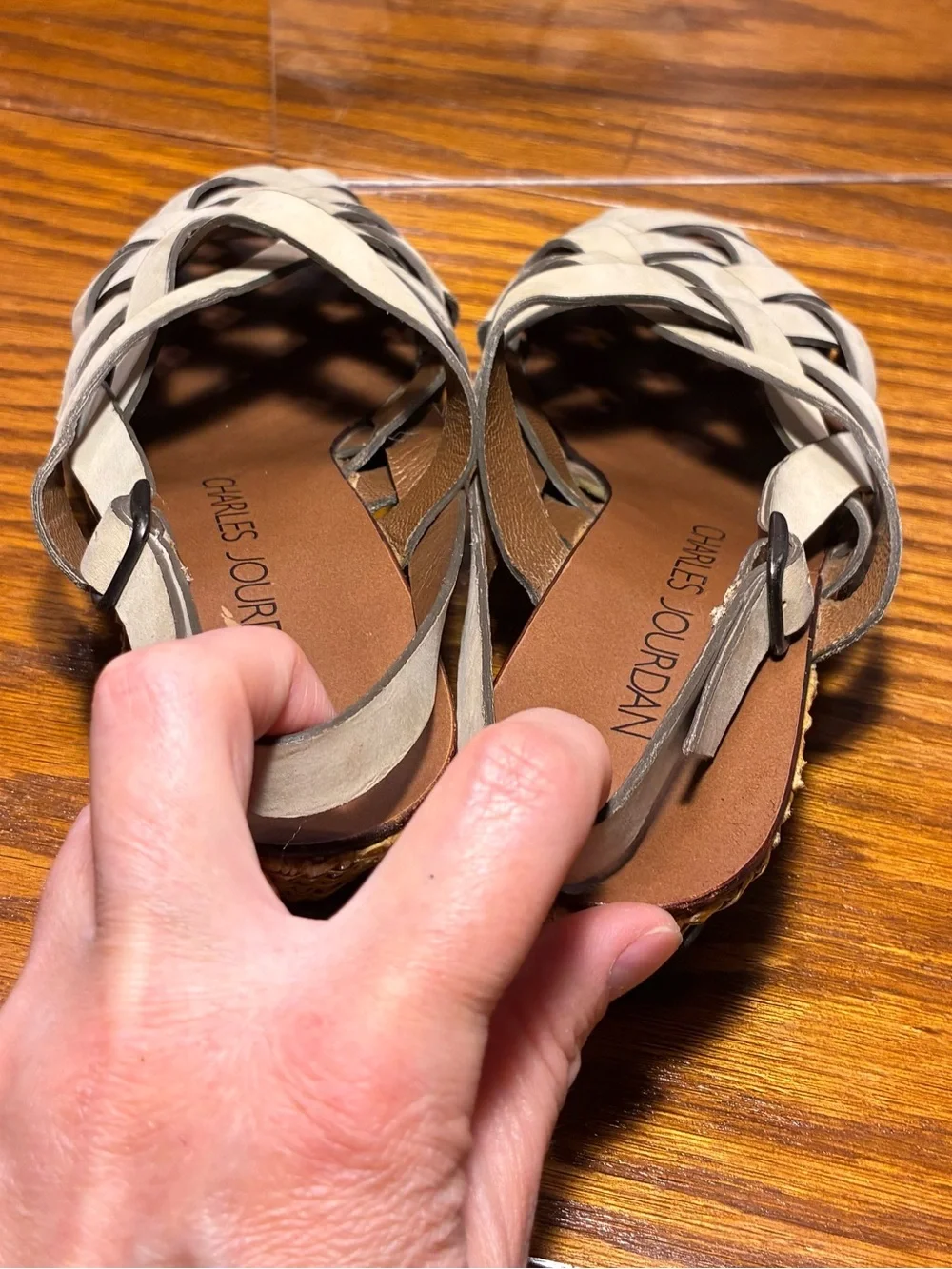 Y2K VTG Charles Jourdan Woven Nubuck Woven Wedge Slingback Sandals Beige Size 6